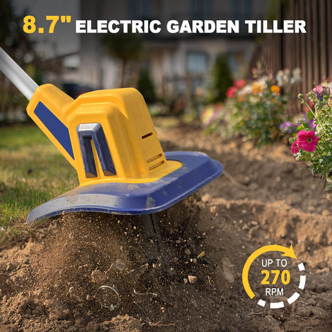 Mayoki tiller features 48 steel tines for durable cultivation in beds.