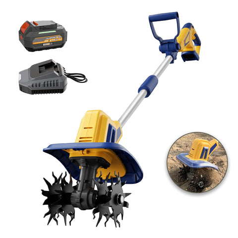 Mayoki cordless tiller with Dewalt 20V battery compatibility for extended gardening sessions.