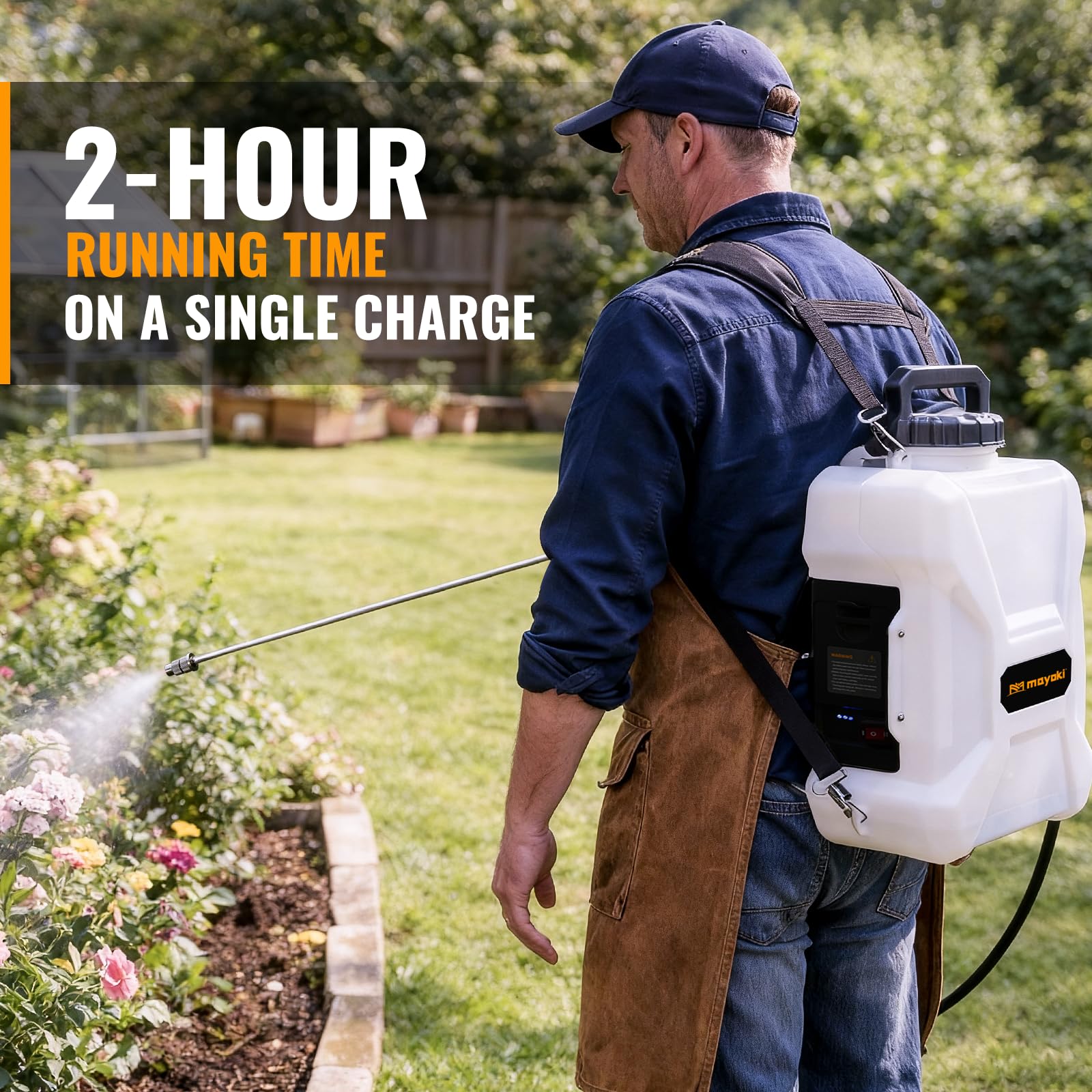 Comfortable padded back and wide straps on Mayoki sprayer