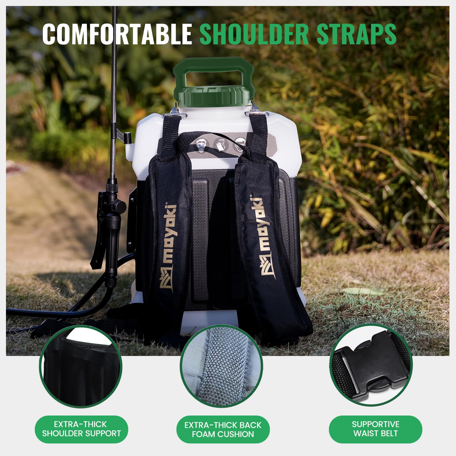 Mayoki padded back and wide straps for comfortable spraying