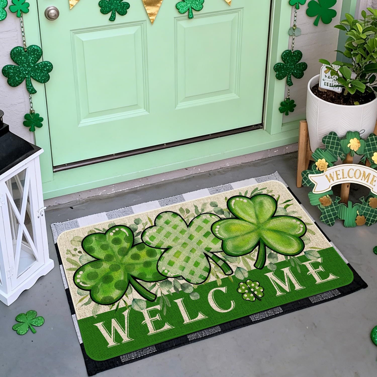 Maytycroo shamrock door mat highlighting non-slip backing for safer doorway use.