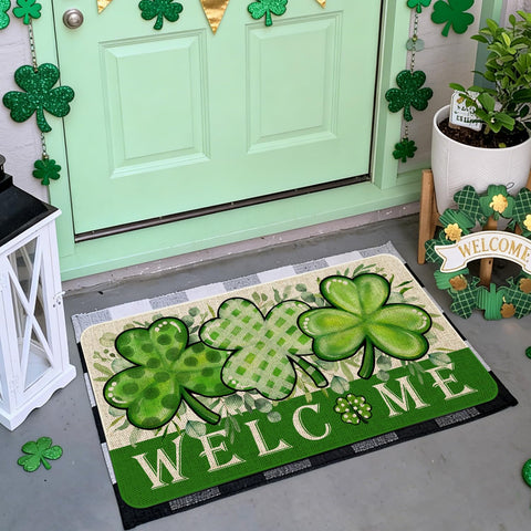 Maytycroo shamrock door mat highlighting non-slip backing for safer doorway use.
