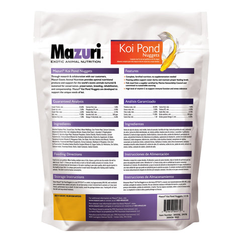 Mazuri Koi Floating Nuggets jar close-up highlights texture and color-boosting formula.