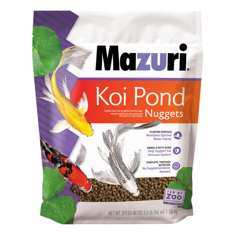 Mazuri Koi Floating Nuggets packaging shows complete nutrition and shelf appeal.
