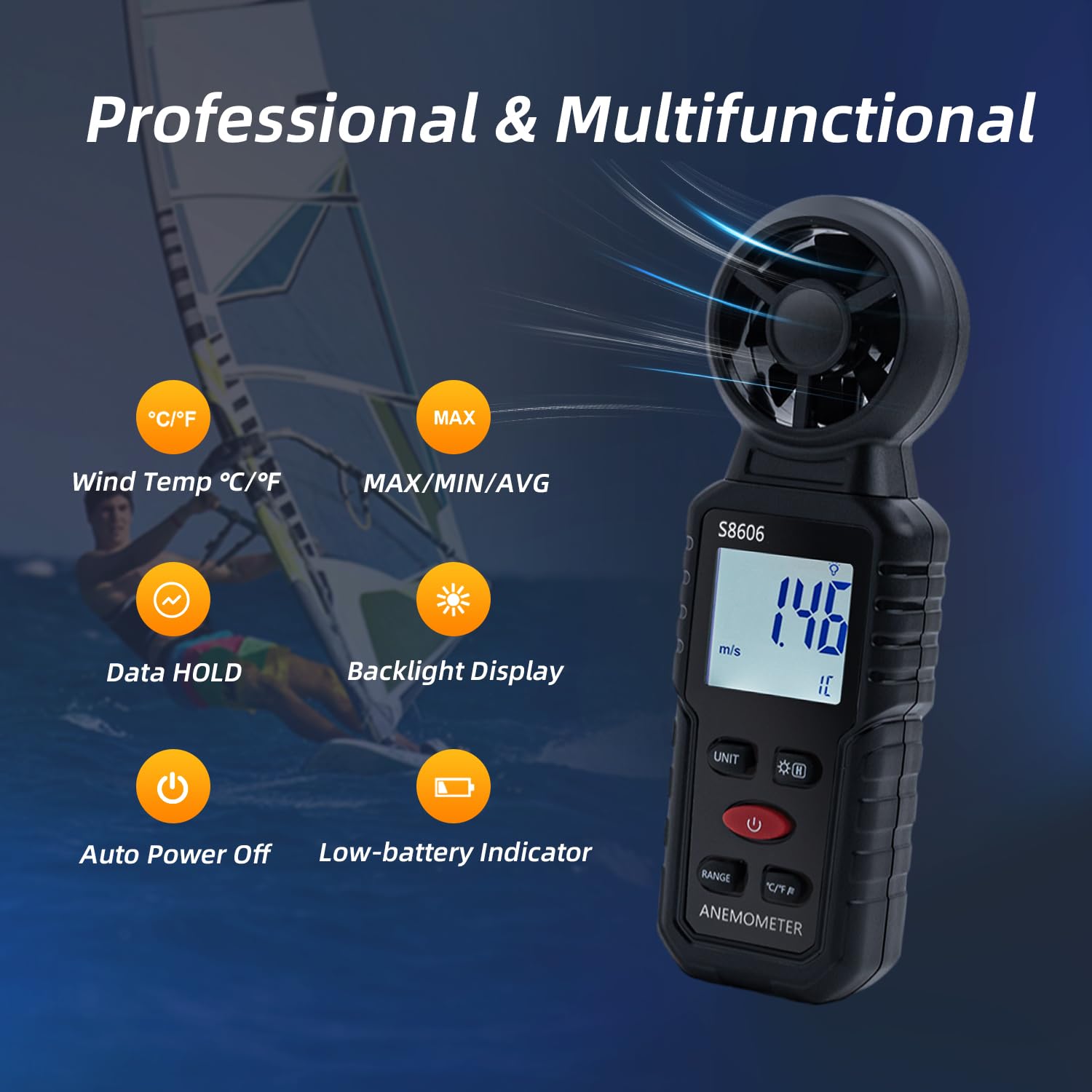 Mcbazel 3-in-1 anemometer backlit display for easy reading in low light.