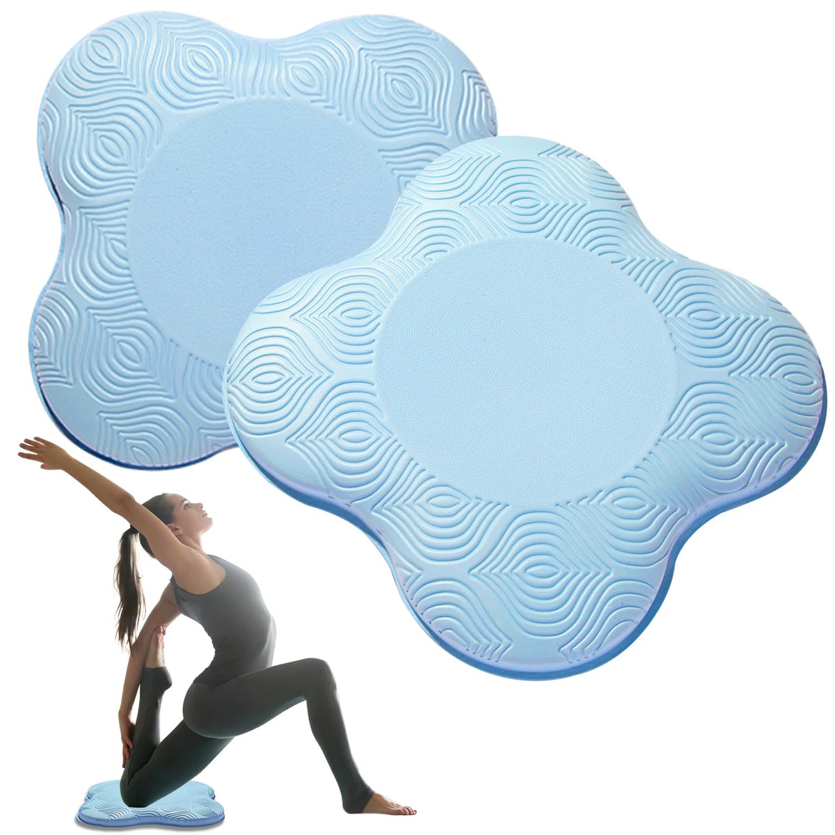 MBHKRRS 2-pack blue yoga knee pads on mat for comfortable kneeling during floor workouts.