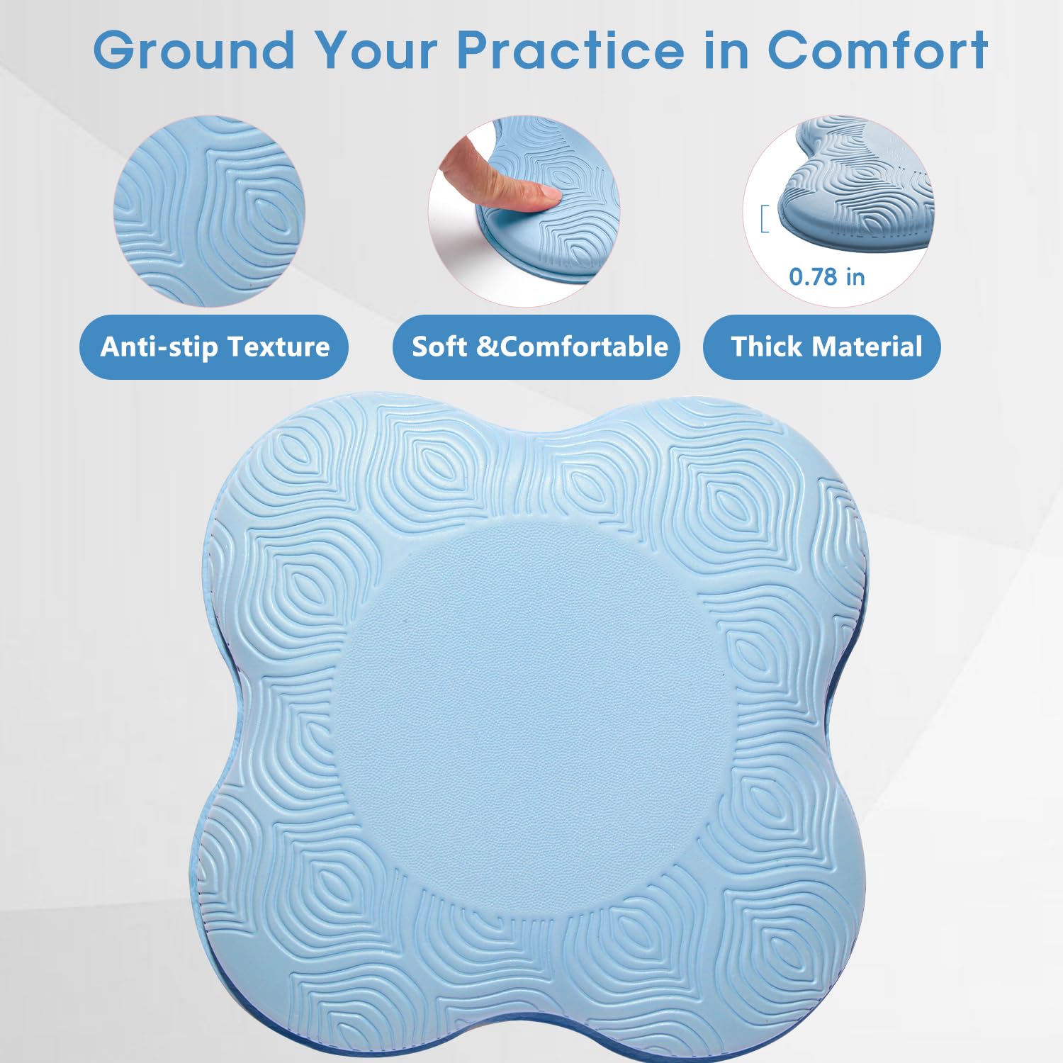 Non-slip surface keeps MBHKRRS blue knee pads in place during yoga and meditation.
