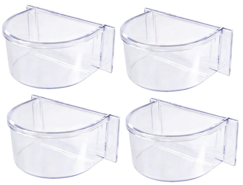 Clear plastic seed water feeder cup shows level for timely refills