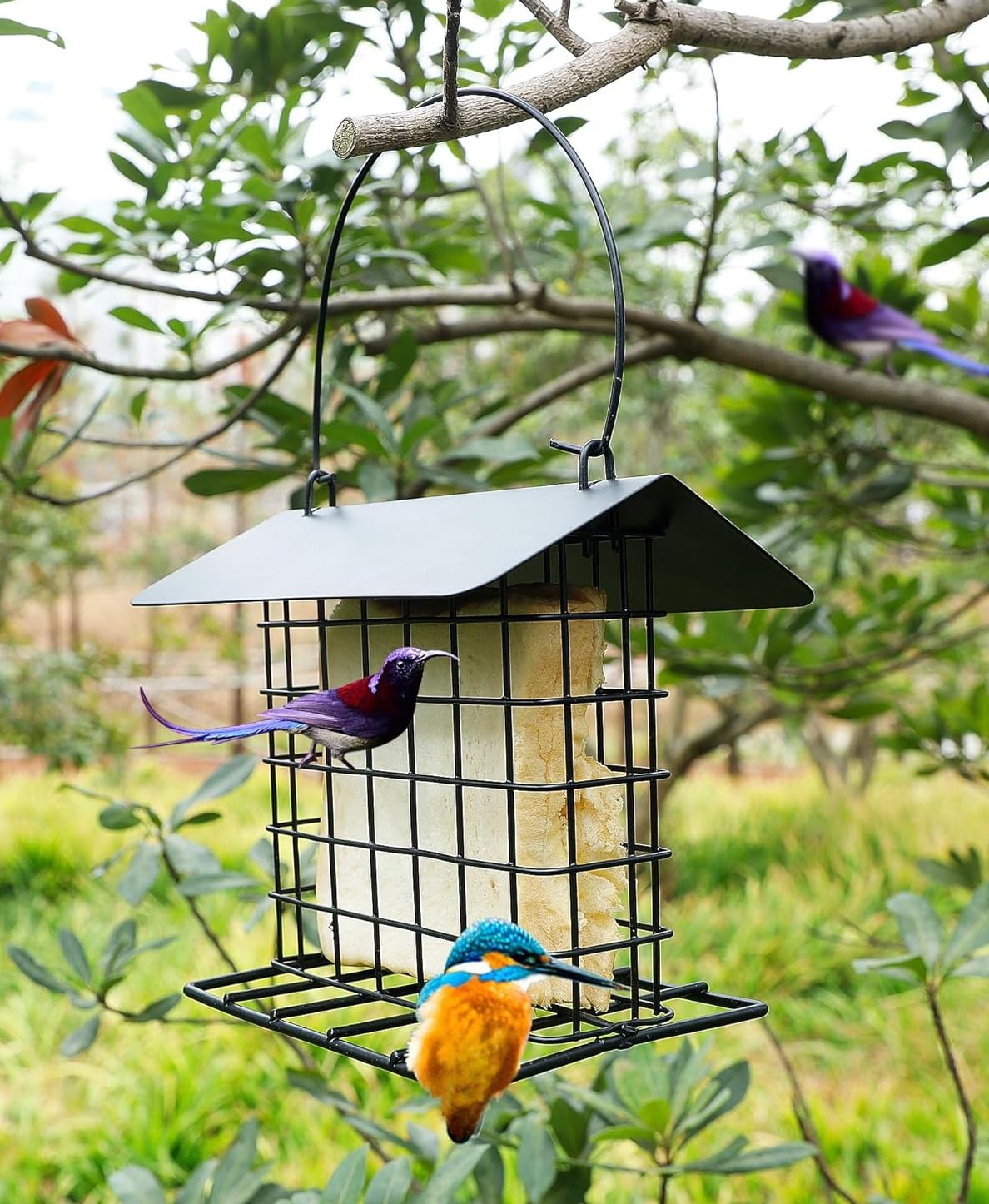 Mcage outdoor bird feeder scene highlights stable stand and simple maintenance.