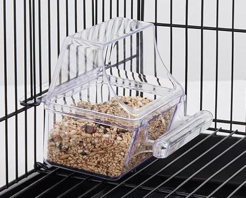 Mcage transparent feeder cups shown for quick refills and easy checks.