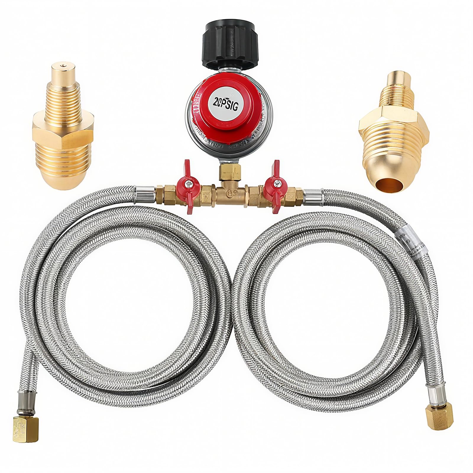 MCAMPAS regulator with 8 ft hose ready for versatile outdoor cooking setup