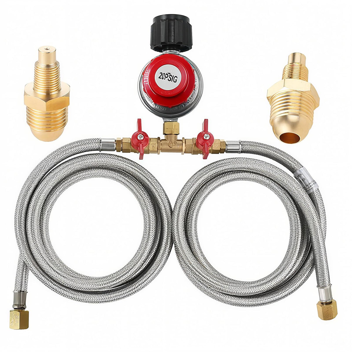 MCAMPAS regulator with 8 ft hose ready for versatile outdoor cooking setup