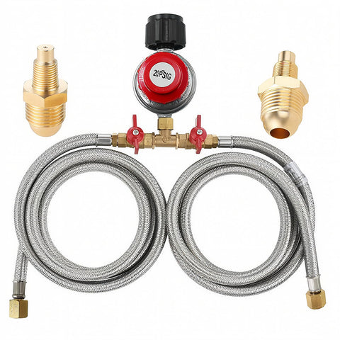 MCAMPAS regulator with 8 ft hose ready for versatile outdoor cooking setup