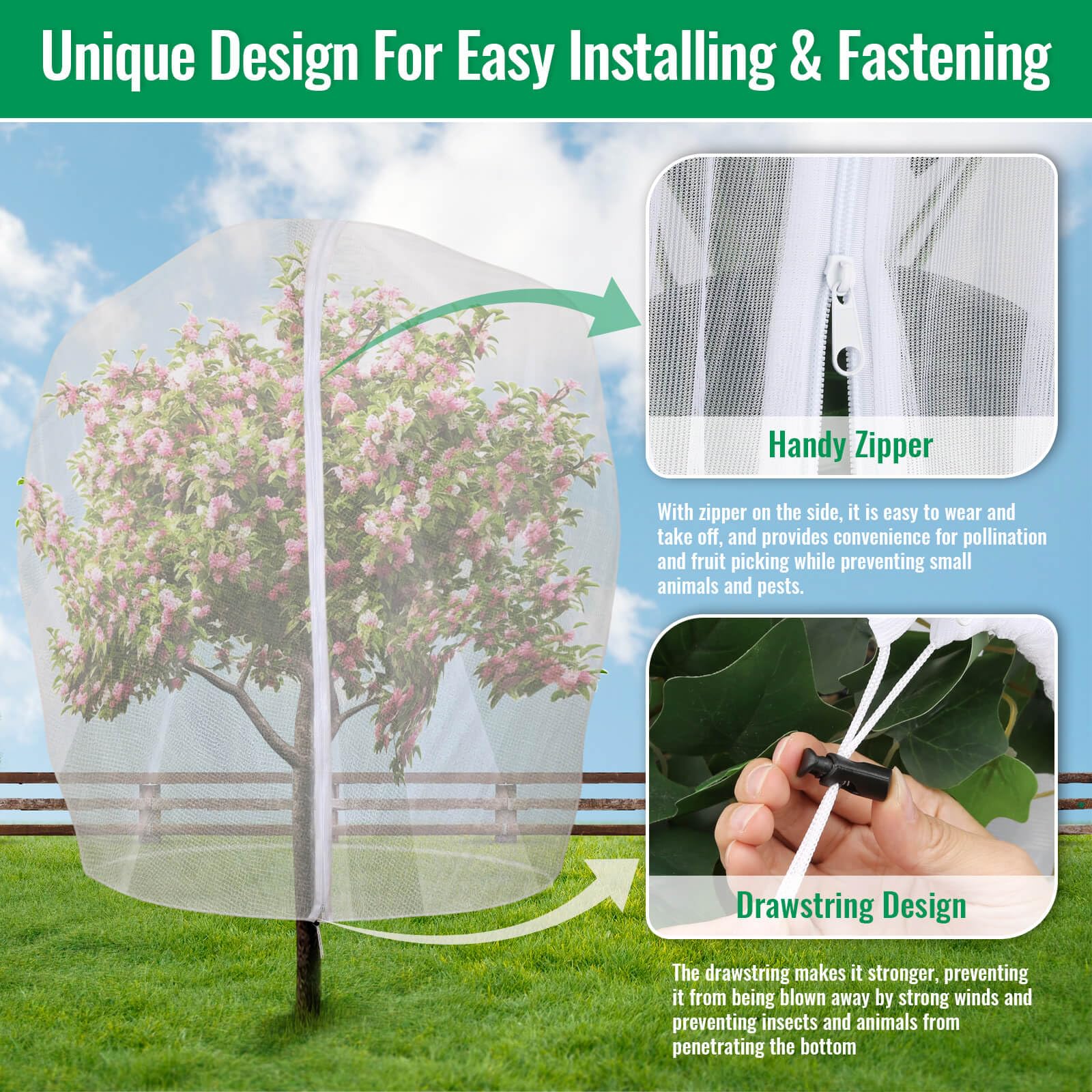 Mckanti netting with drawstring bottom secures against wind and pests.