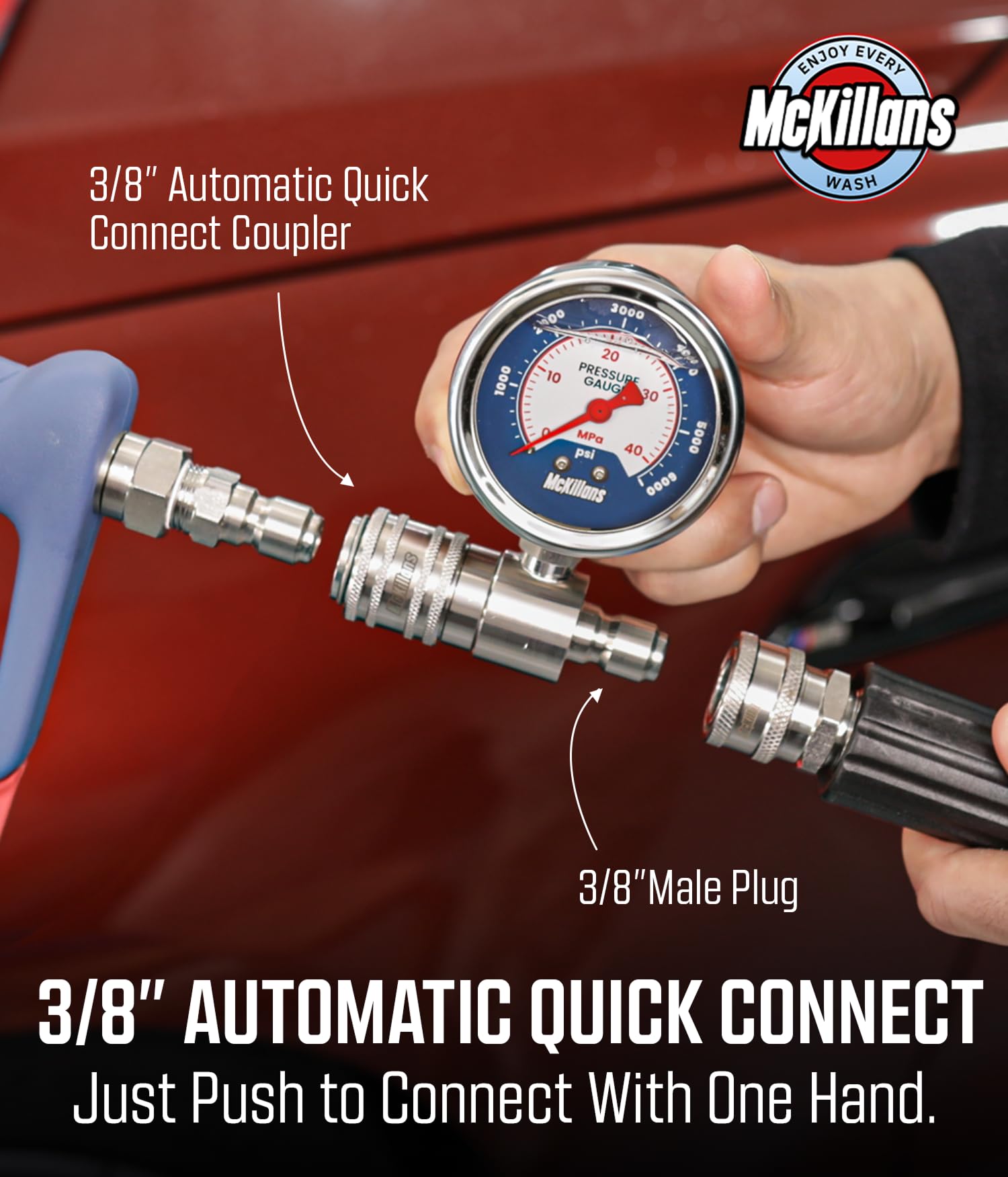 3/8 automatic quick-connect shown on McKillans gauge setup