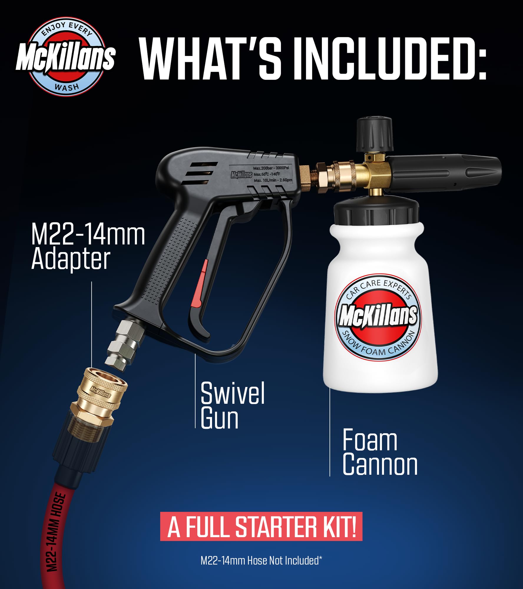 McKillans adapter M22-14mm enables quick connections for compatible pressure washers.