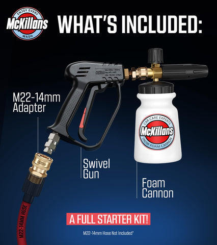 McKillans adapter M22-14mm enables quick connections for compatible pressure washers.