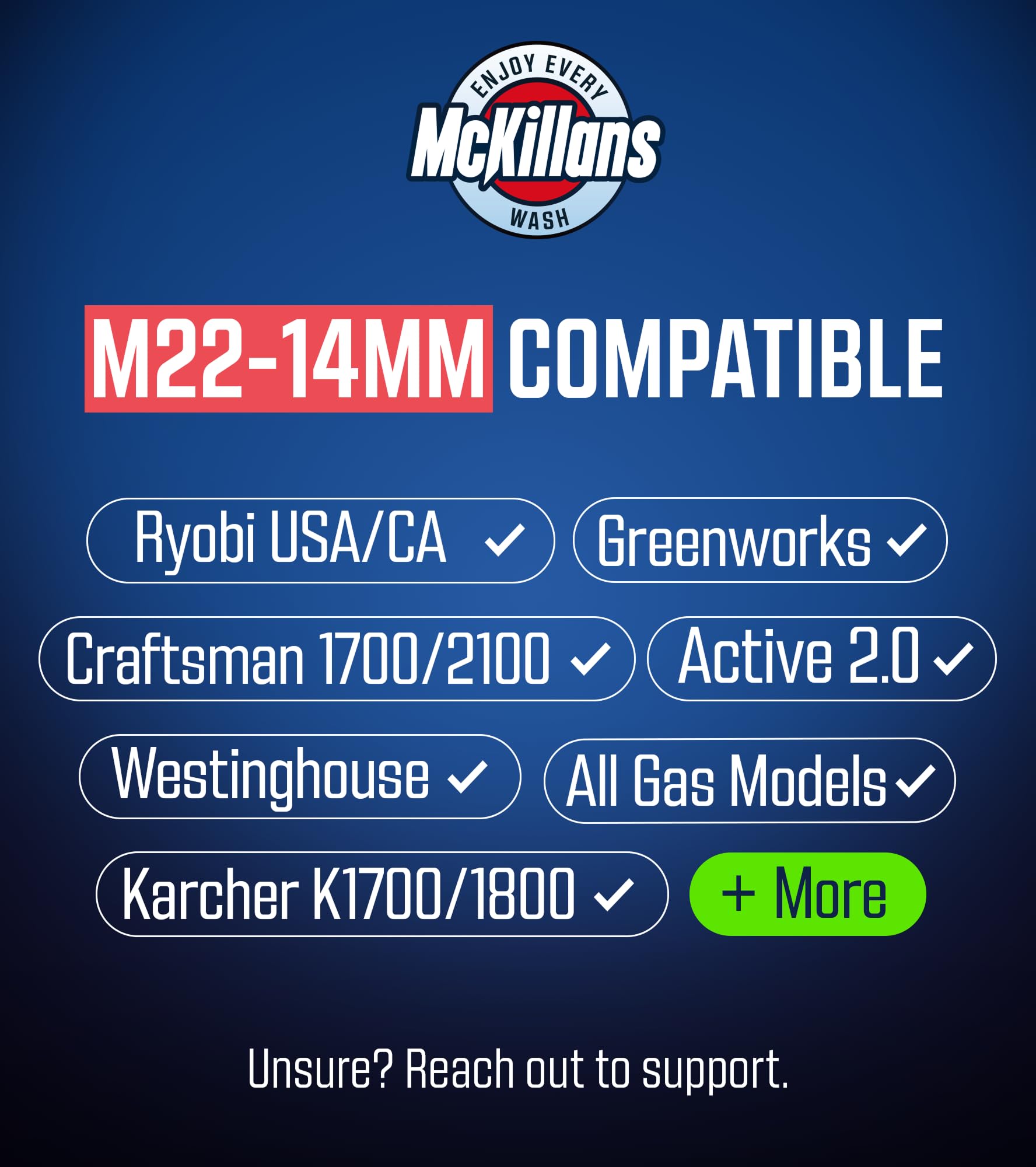 McKillans adjustable foam-output lets you tailor thickness and spray angle during washes.
