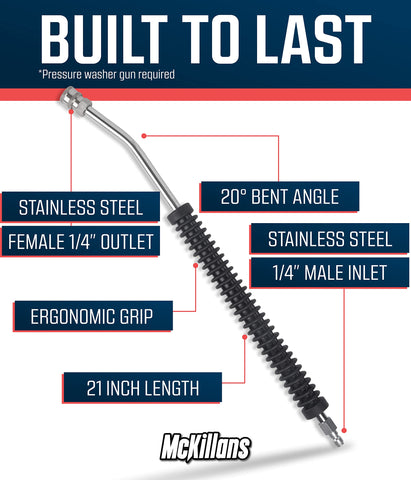 McKillans extension wand arched front end helps rinse hard-to-reach roof areas.