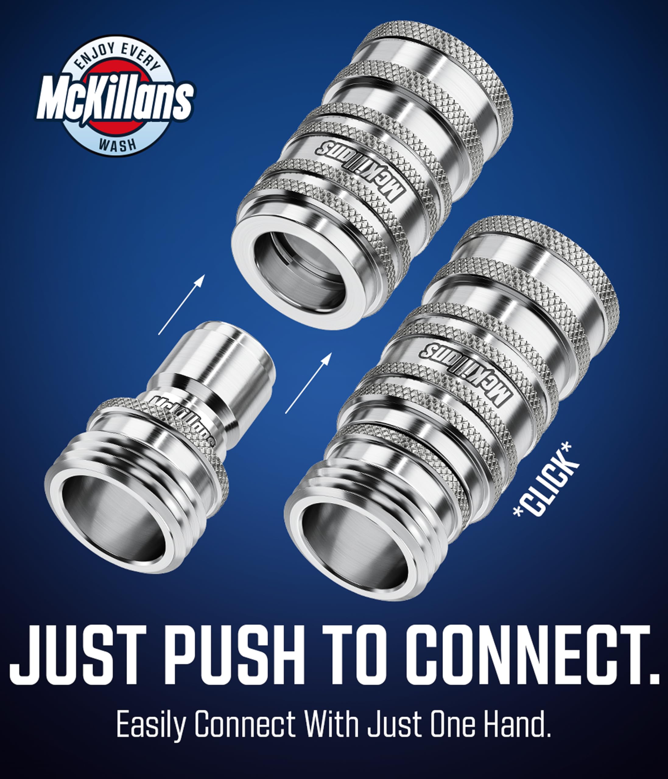 McKillans automatic quick-connect female coupler providing leak-free connections for garden tasks.