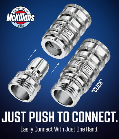 McKillans automatic quick-connect female coupler providing leak-free connections for garden tasks.