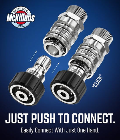 McKillans M22-14mm female coupler showing secure push-to-connect fit.