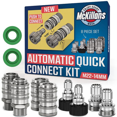 McKillans automatic quick-connect M22-14mm plug connects hoses in seconds for faster setups.