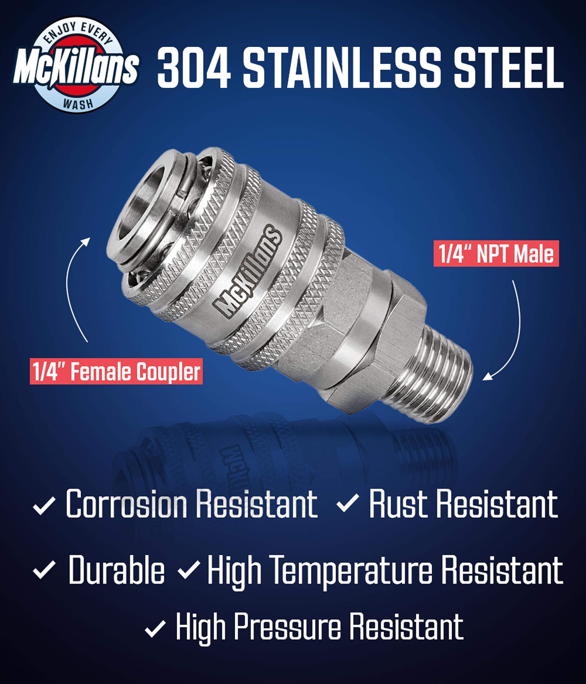McKillans 1/4 NPT compatibility fits most pressure washer guns.
