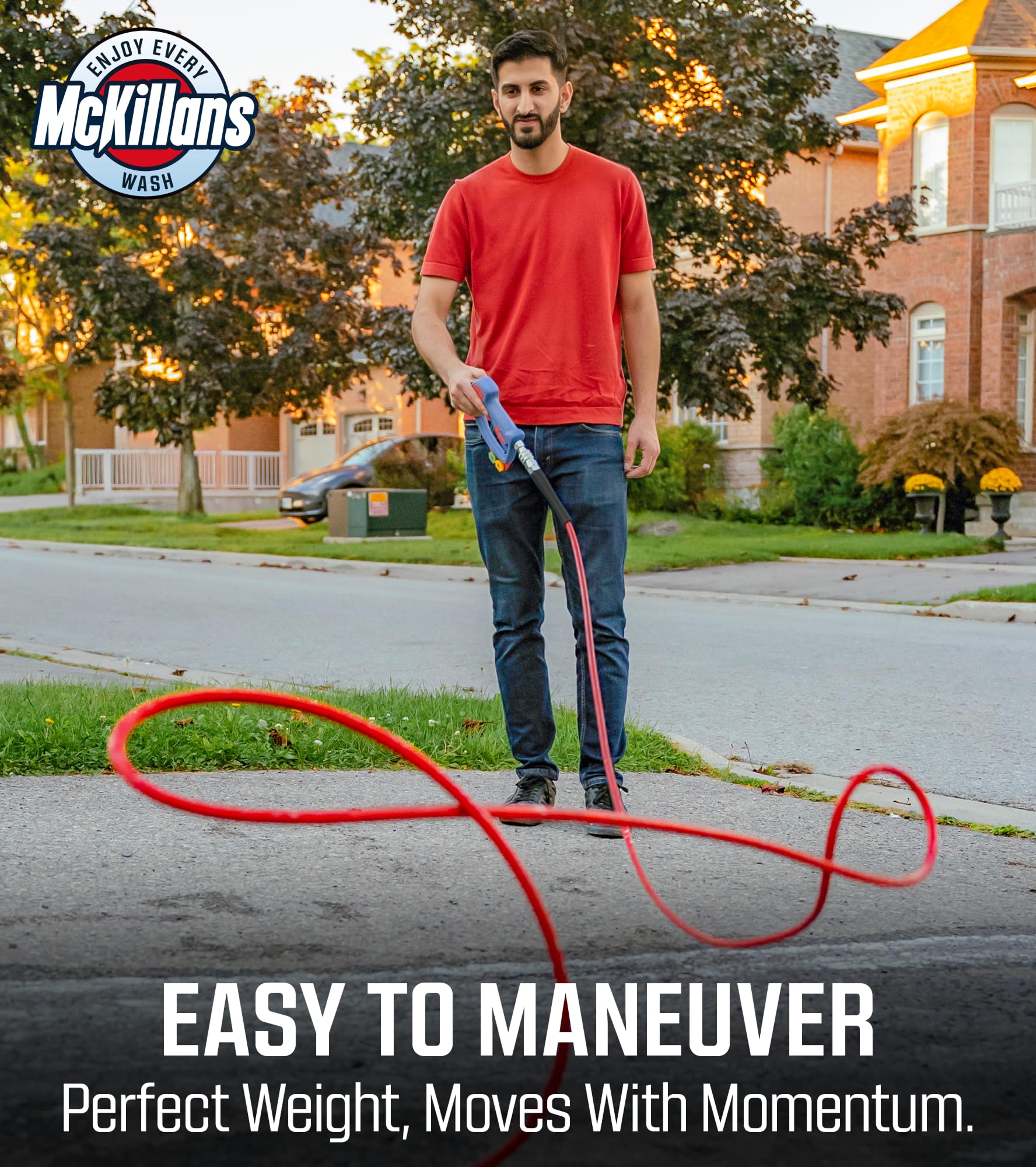 McKillans flexible-kink-resistant-hose prevents tangles during routine washing.