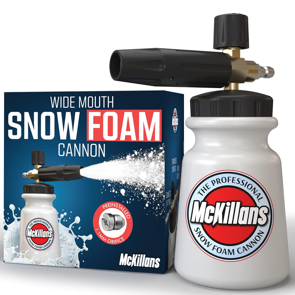 McKillans foam cannon wide-mouth bottle for easy soap dilution during car wash.