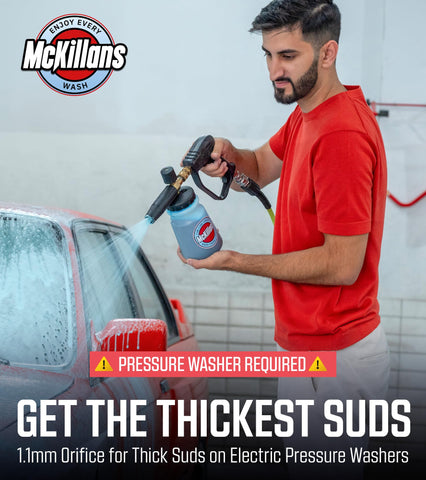 McKillans foam cannon with wide-mouth base enables stable foaming and mess-free filling.