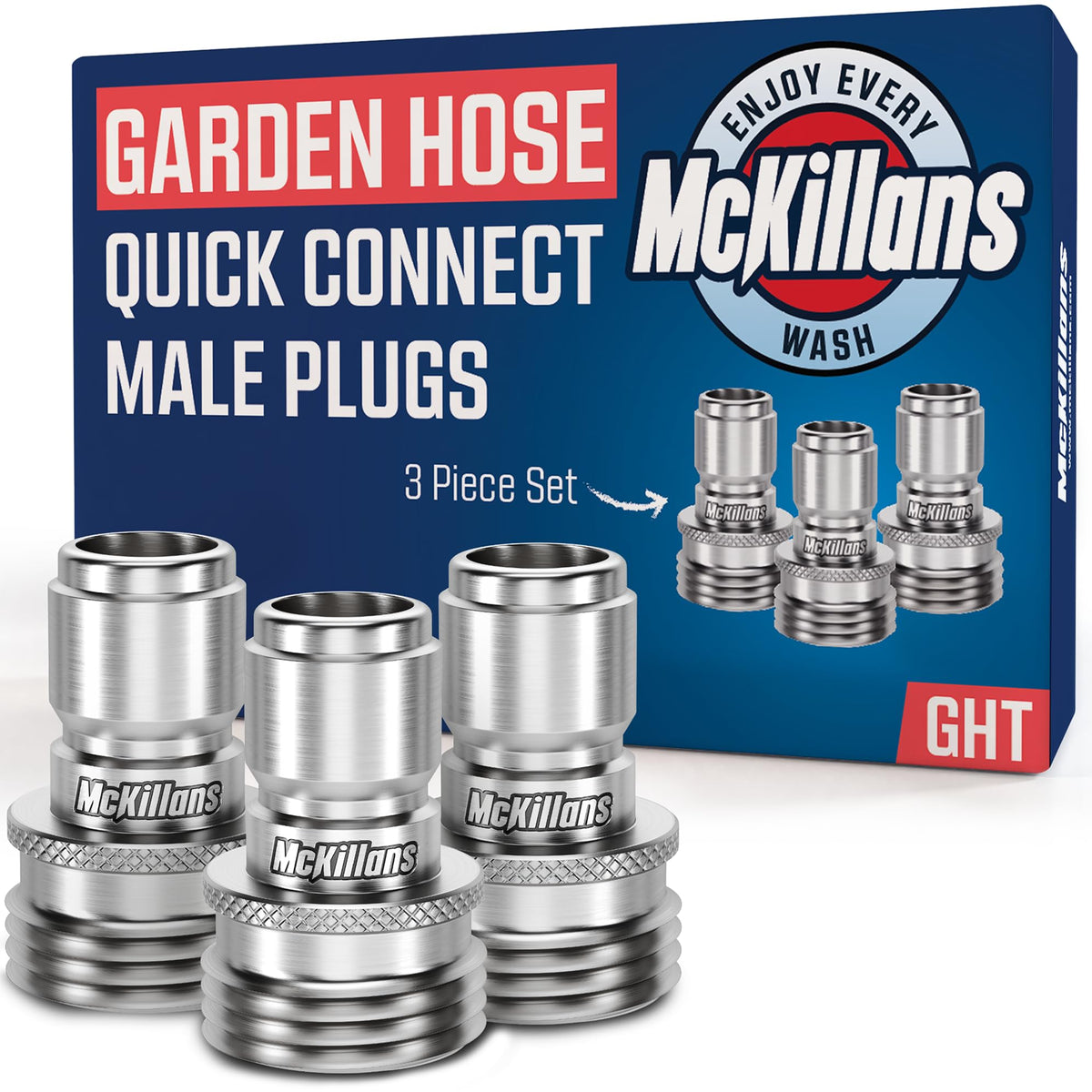 McKillans garden hose male plug 3-pack ready for quick connections and versatile setup.