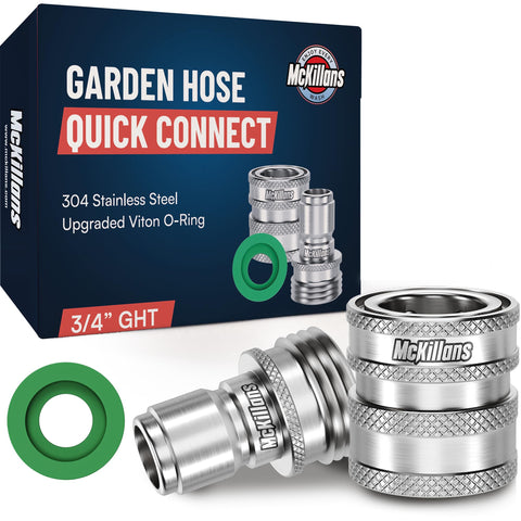 McKillans garden hose quick-connect pair ready for effortless transitions between tools.