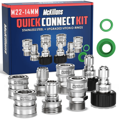 McKillans M22-14mm quick connect kit front view shows rugged stainless design for tough outdoor use.