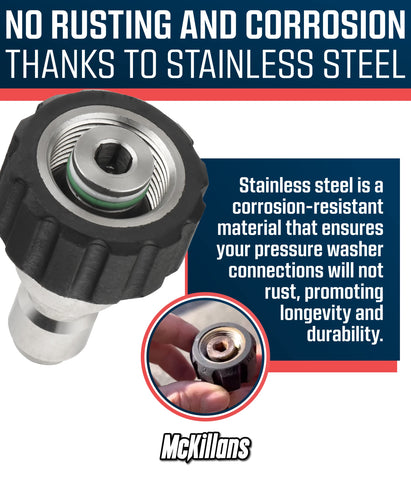 McKillans M22-14mm kit installed on a gas-powered washer demonstrates fast connections.