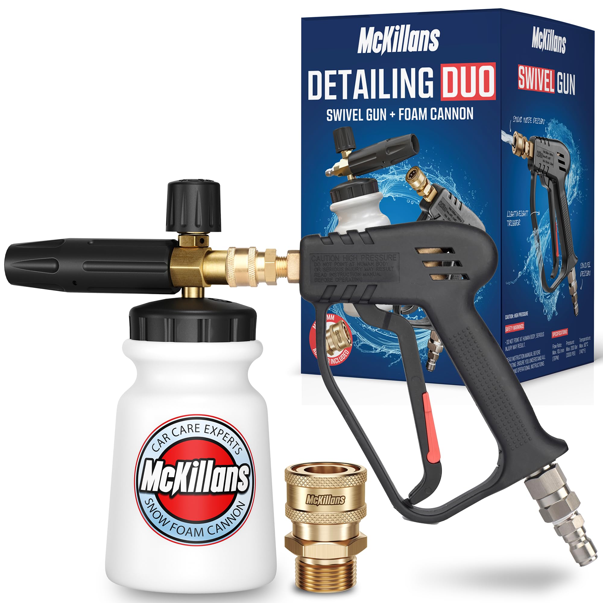 McKillans pressure washer gun with swivel reduces hose tangles for smoother cleaning.