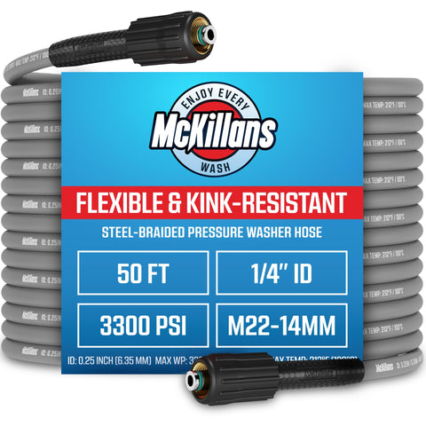 McKillans 50ft flexible pressure washer hose for easy maneuvering around vehicles