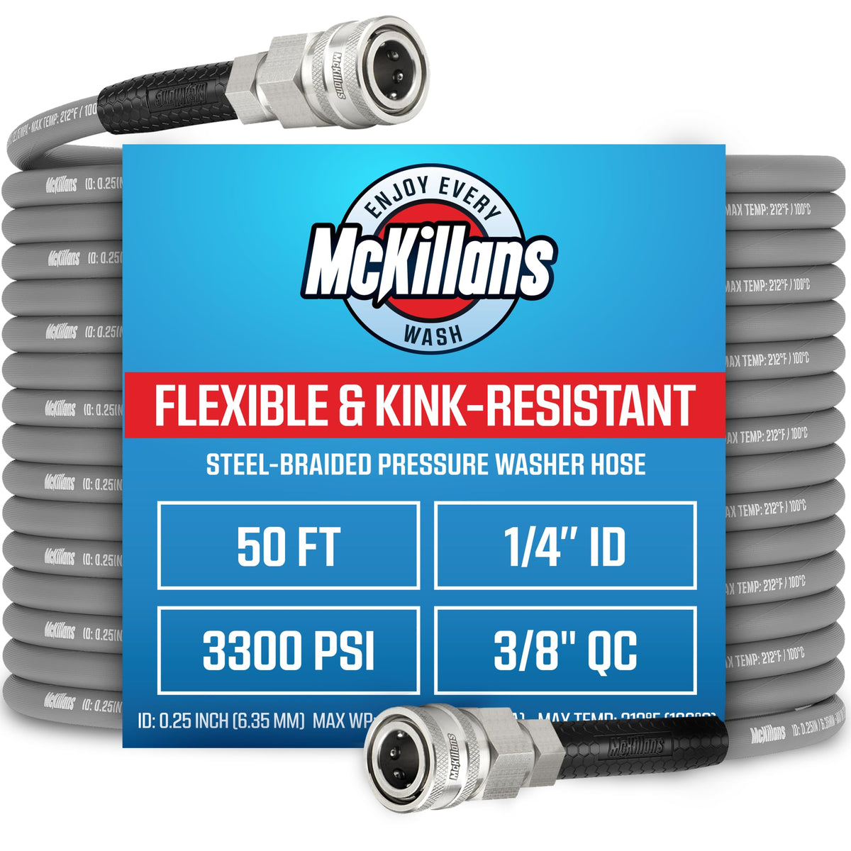 McKillans QC Installed 50ft hose with steel braided body for flexible, tangle-free vehicle cleaning.