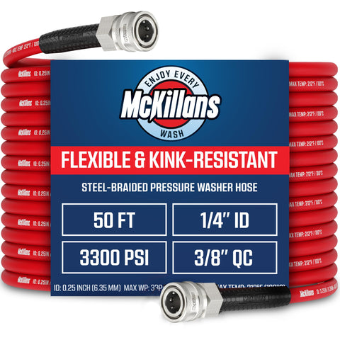 McKillans qc-installed-pressure-washer-hose-50ft extends reach for vehicles and driveways.