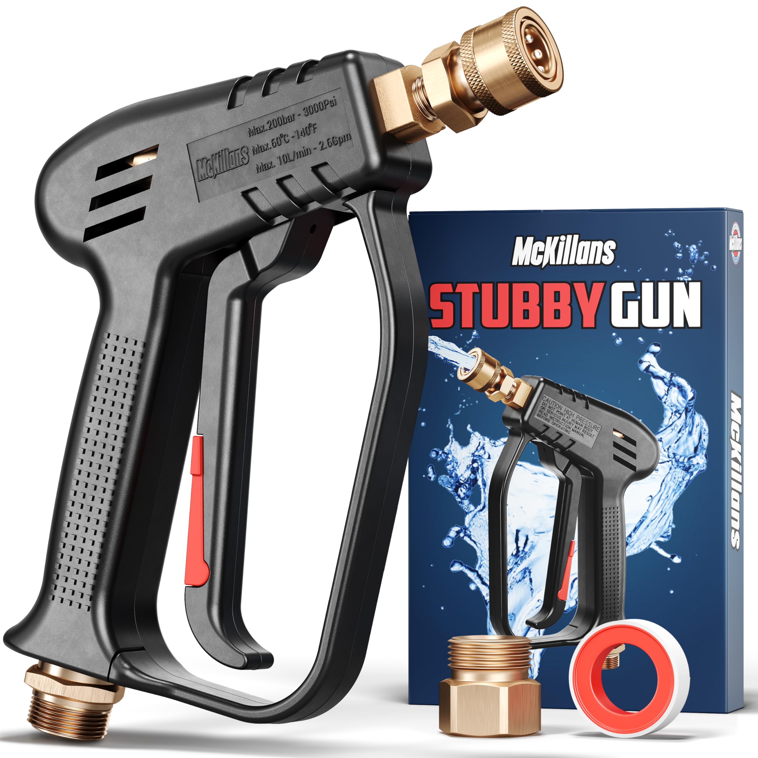 McKillans Short Pressure Washer Gun front view with compact design for easy handling.