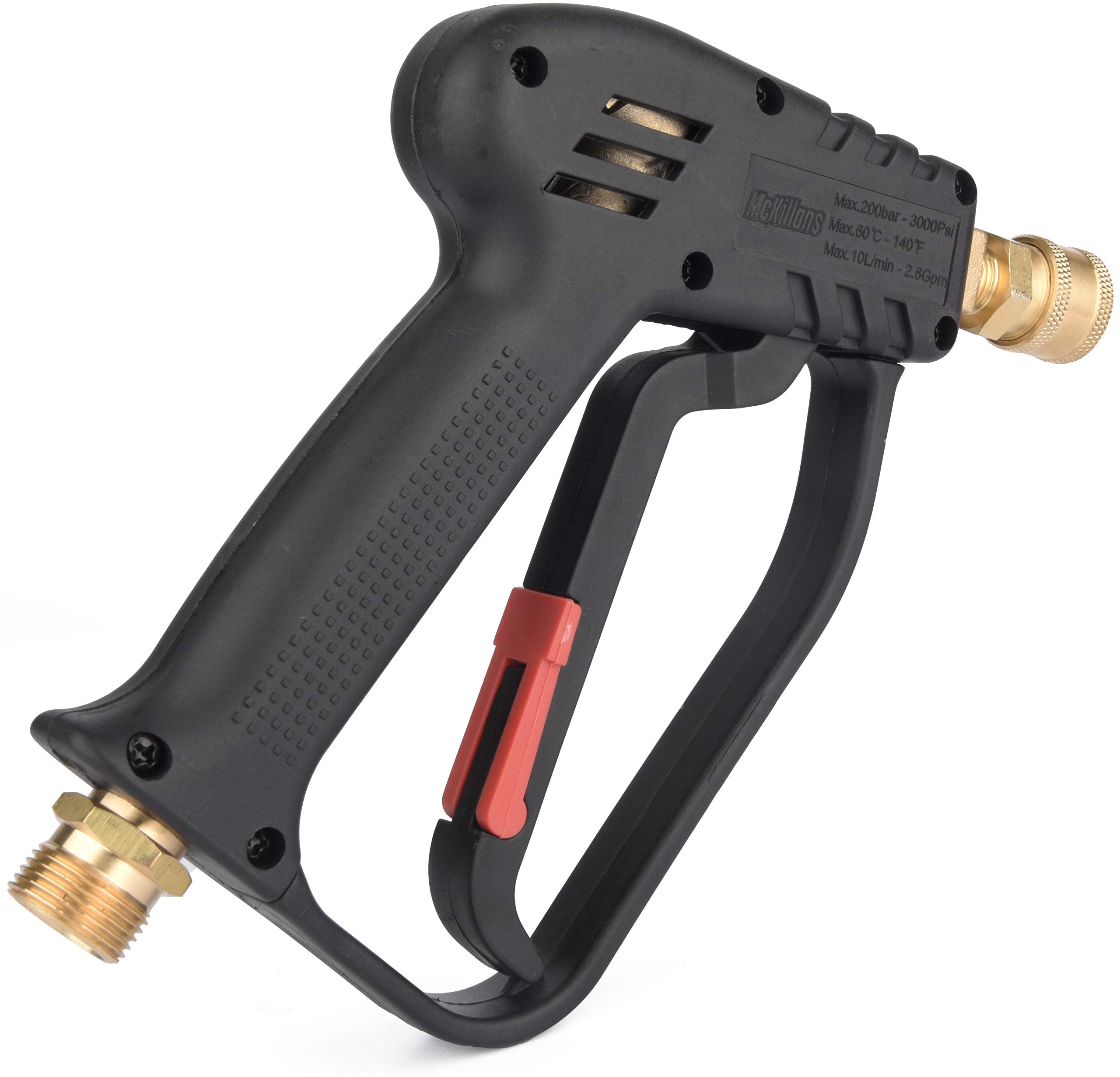 McKillans Short Pressure Washer Gun side view highlighting compact form for foam cannon use.