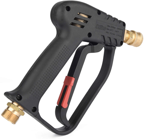 McKillans Short Pressure Washer Gun side view highlighting compact form for foam cannon use.
