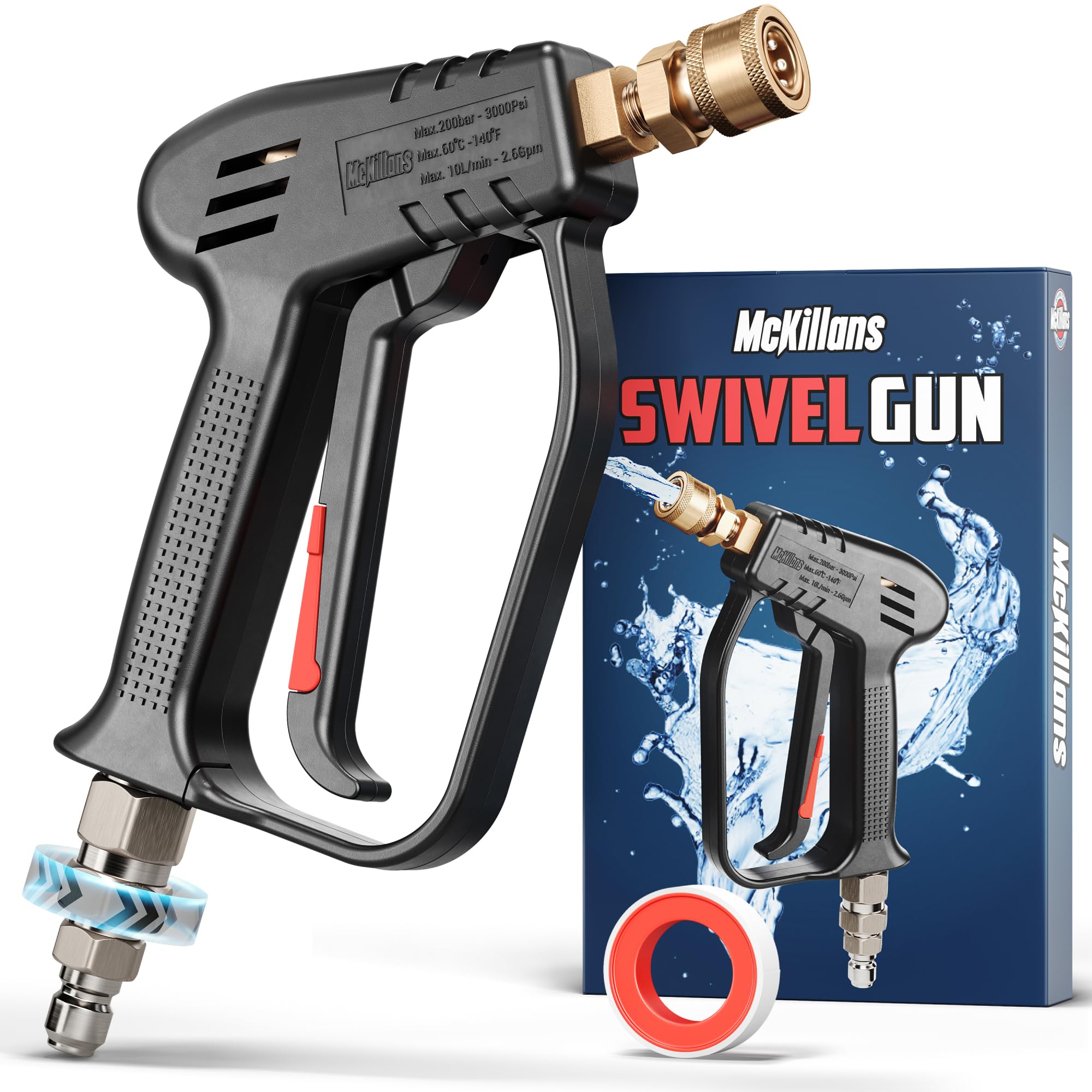 McKillans short pressure washer gun with swivel inlet for easy maneuverability during washing