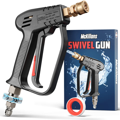 McKillans short pressure washer gun with swivel inlet for easy maneuverability during washing