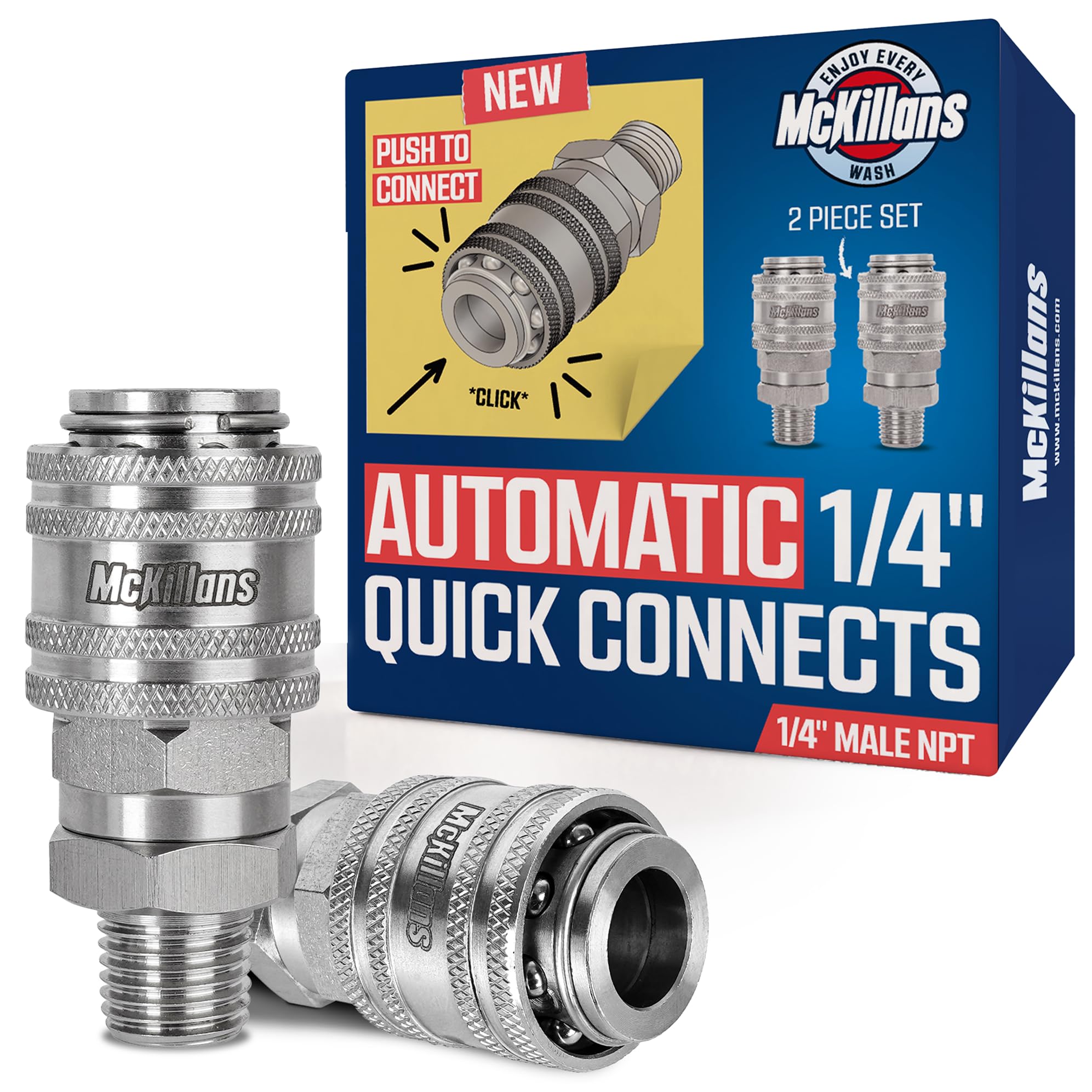 McKillans stainless-steel quick-connect one-four NPT male coupler enables quick nozzle changes.