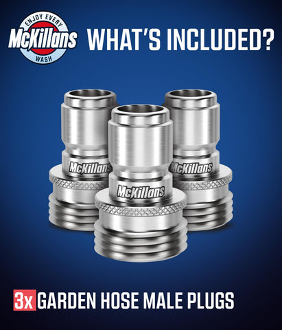 McKillans stainless steel male plug closeup shows corrosion resistance for durable outdoor use.