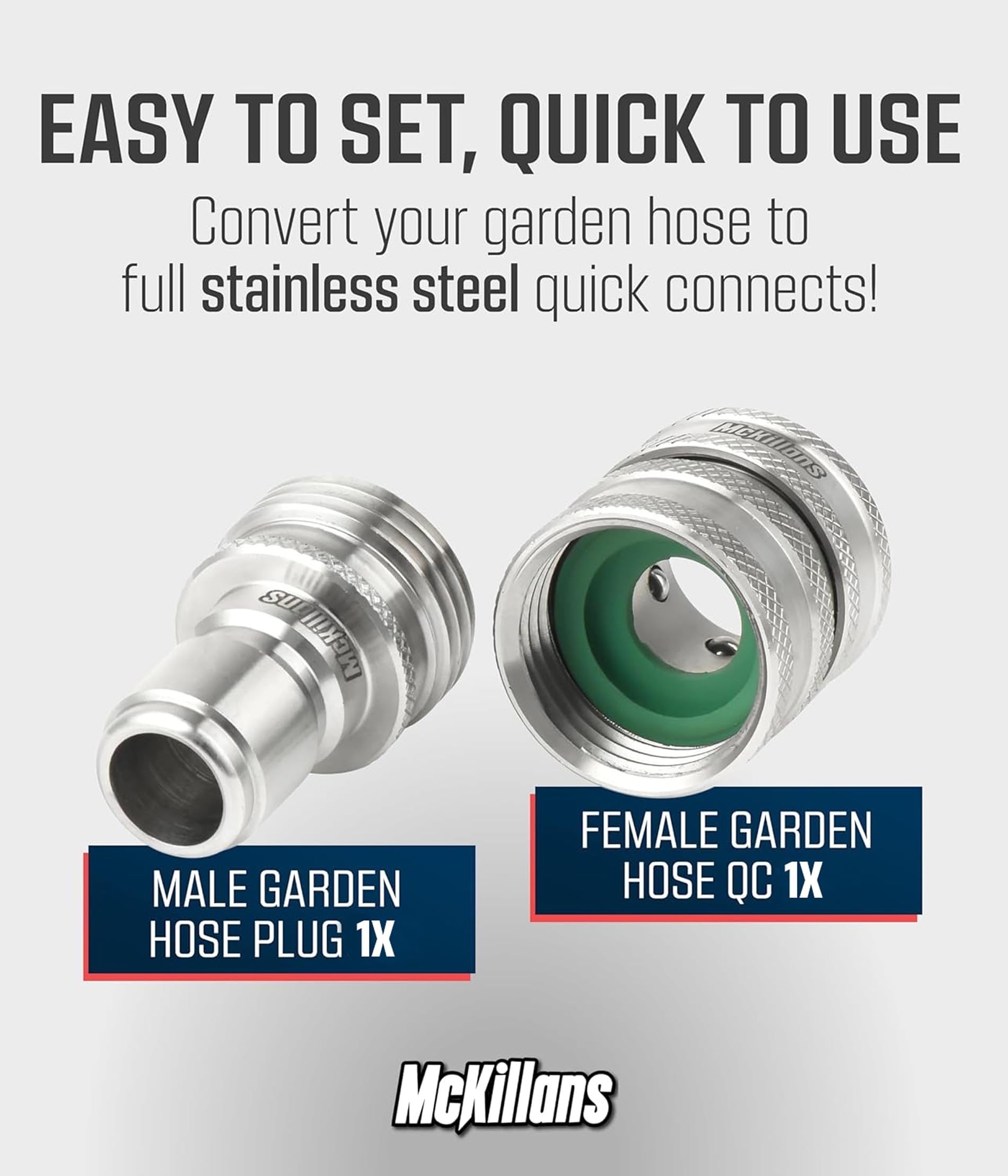 McKillans stainless steel quick-connect fittings showcase robust, corrosion-resistant construction.