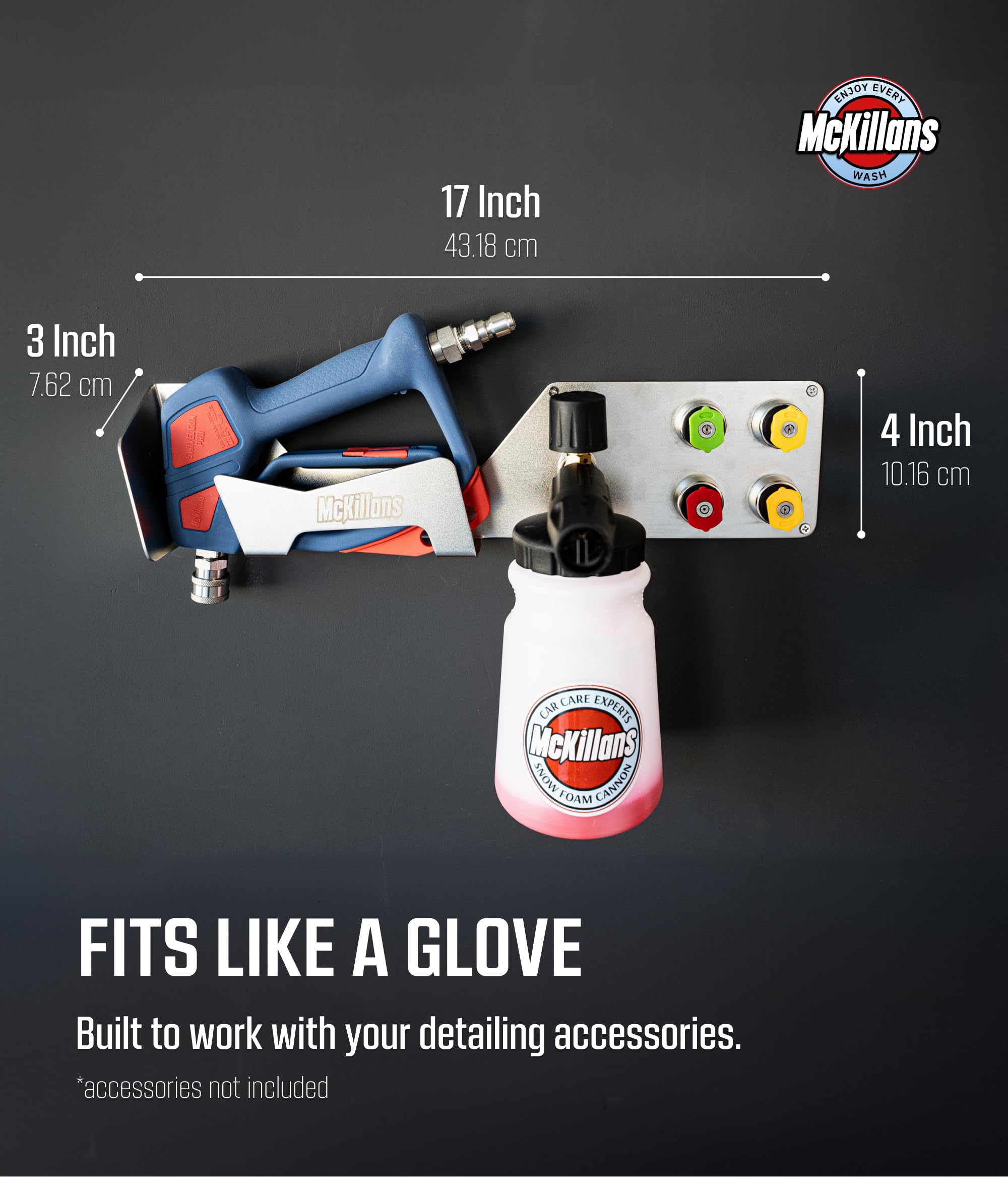 McKillans wall mount foam cannon rack simplifies storage and prevents leaks on the wall.
