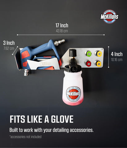 McKillans wall mount foam cannon rack simplifies storage and prevents leaks on the wall.