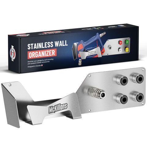 McKillans Stainless Wall Organizer Pro gun holder keeps swivel gun secure and accessible.